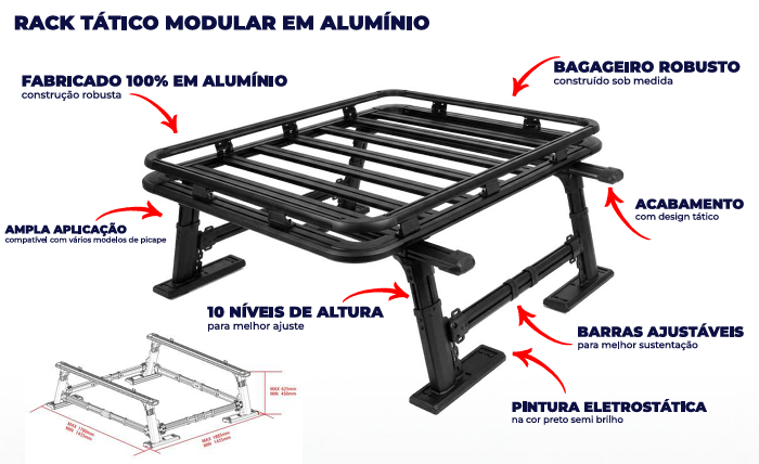 Esquema técnico do Rack Tático Modular em Alumínio